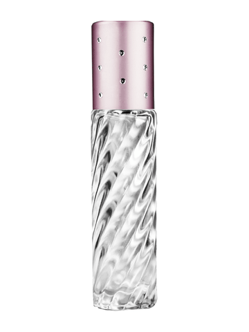 Cylinder swirl design 9ml,1/3 oz glass bottle with metal roller ball plug and pink dot cap.