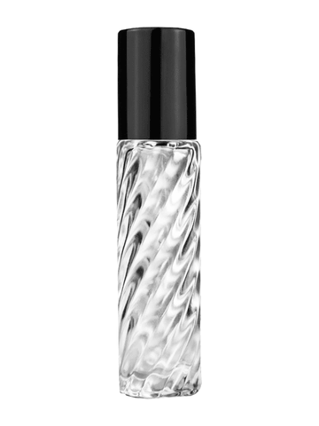 Cylinder swirl design 9ml,1/3 oz glass bottle with metal roller ball plug and shiny black cap.