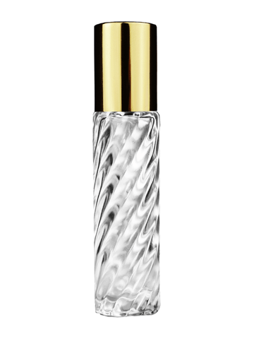 Cylinder swirl design 9ml,1/3 oz glass bottle with metal roller ball plug and shiny gold cap.