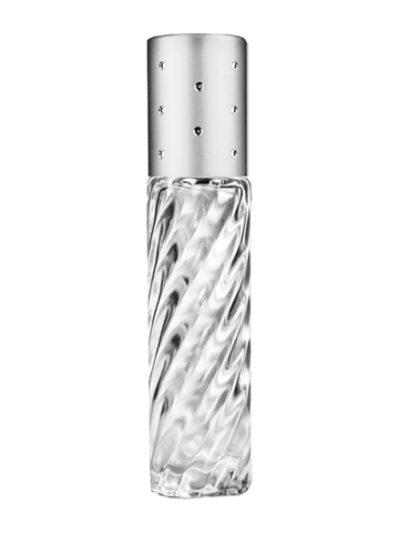 Cylinder swirl design 9ml,1/3 oz glass bottle with metal roller ball plug and silver dot cap.