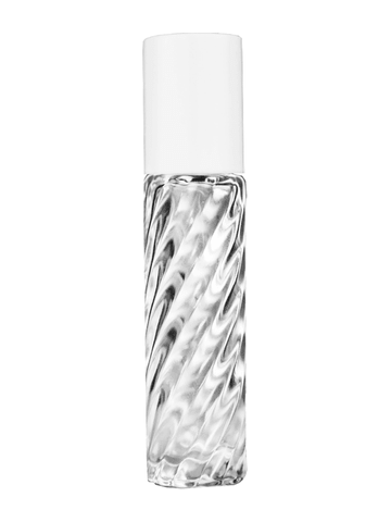 Cylinder swirl design 9ml,1/3 oz glass bottle with metal roller ball plug and white cap.
