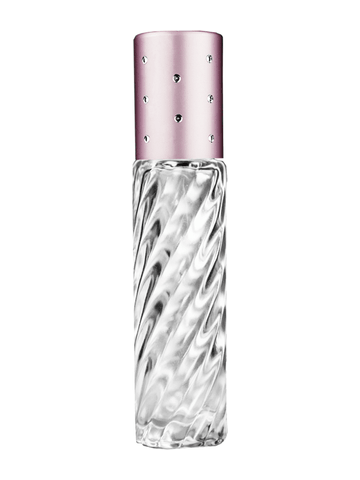 Cylinder swirl design 9ml,1/3 oz glass bottle with plastic roller ball plug and pink dot cap.