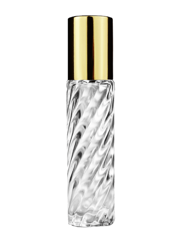 Cylinder swirl design 9ml,1/3 oz glass bottle with plastic roller ball plug and shiny gold cap.