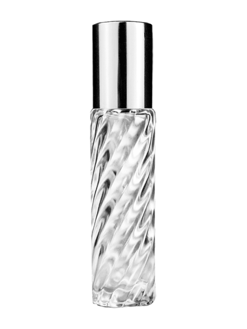 Cylinder swirl design 9ml,1/3 oz glass bottle with plastic roller ball plug and shiny silver cap.