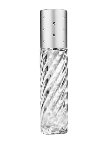 Cylinder swirl design 9ml,1/3 oz glass bottle with plastic roller ball plug and silver dot cap.