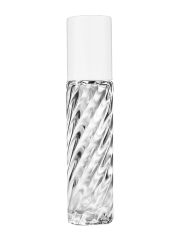 Cylinder swirl design 9ml,1/3 oz glass bottle with plastic roller ball plug and white cap.