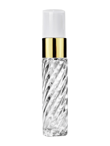 Cylinder swirl design 9ml,1/3 oz glass bottle with fine mist sprayer with gold trim and plastic overcap.