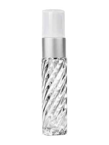 Cylinder swirl design 9ml,1/3 oz glass bottle with fine mist sprayer with matte silver trim and plastic overcap.