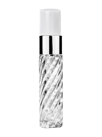 Cylinder swirl design 9ml,1/3 oz glass bottle with fine mist sprayer with shiny silver trim and plastic overcap.