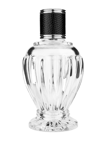 Diva design 100 ml, 3 1/2oz  clear glass bottle  with reducer and black faux leather cap.