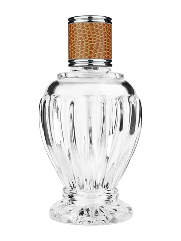 Diva design 100 ml, 3 1/2oz  clear glass bottle  with reducer and brown faux leather cap.
