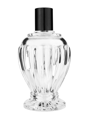 Diva design 100 ml, 3 1/2oz  clear glass bottle  with reducer and tall black shiny cap.