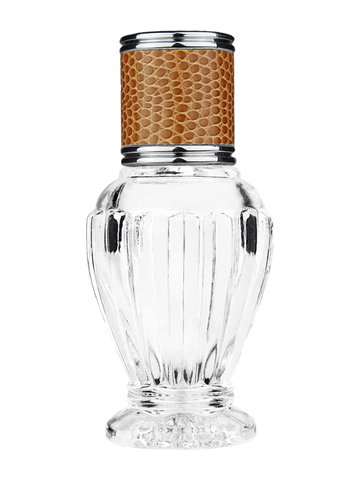 Diva design 30 ml, 1oz  clear glass bottle  with reducer and brown faux leather cap.