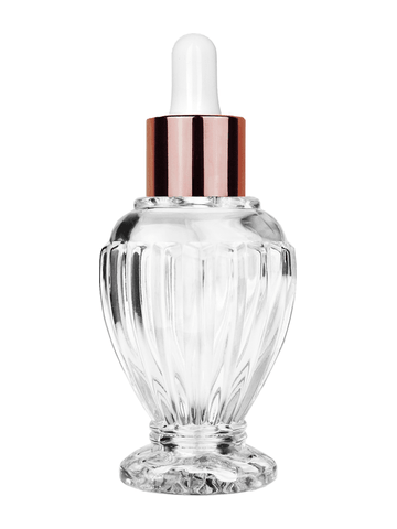 Diva design 46 ml, 1.64oz  clear glass bottle  with white dropper with shiny copper collar cap.