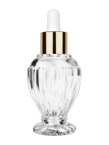 Diva design 46 ml, 1.64oz  clear glass bottle  with white dropper with shiny gold collar cap.