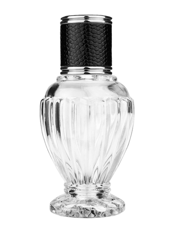 Diva design 46 ml, 1.64oz  clear glass bottle  with reducer and black faux leather cap.