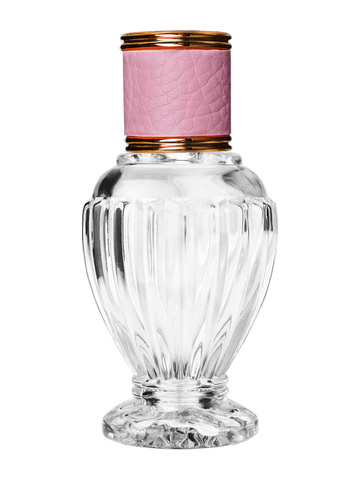 Diva design 46 ml, 1.64oz  clear glass bottle  with reducer and pink faux leather cap.
