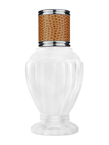 Diva design 46 ml, 1.64oz frosted glass bottle with reducer and brown faux leather cap.