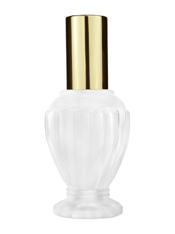 Diva design 46 ml, 1.64oz frosted glass bottle with shiny gold spray pump.