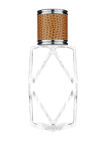 Diamond design 60ml, 2 ounce  clear glass bottle  with reducer and brown faux leather cap.