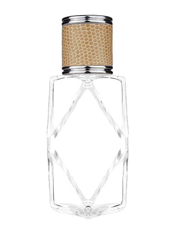 Diamond design 60ml, 2 ounce  clear glass bottle  with reducer and light brown faux leather cap.