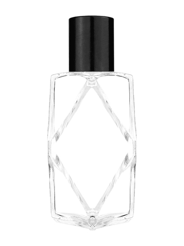 Diamond design 60ml, 2 ounce  clear glass bottle  with reducer and tall black shiny cap.
