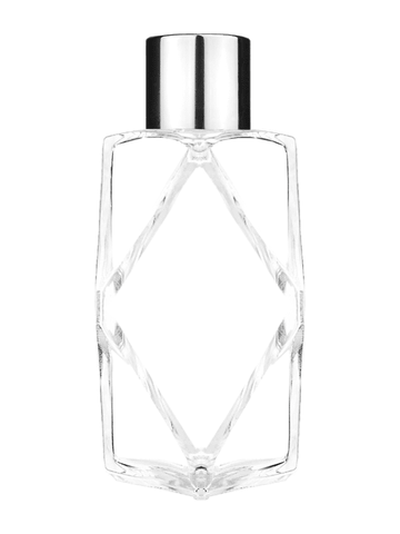 Diamond design 60ml, 2 ounce  clear glass bottle  with reducer and shiny silver cap.