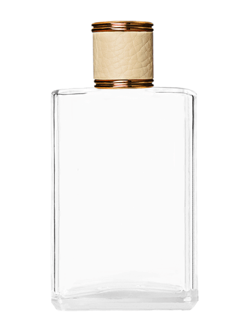 Elegant design 100 ml, 3 1/2oz  clear glass bottle  with reducer and ivory faux leather cap.