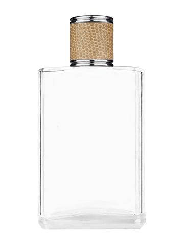 Elegant design 100 ml, 3 1/2oz  clear glass bottle  with reducer and light brown faux leather cap.