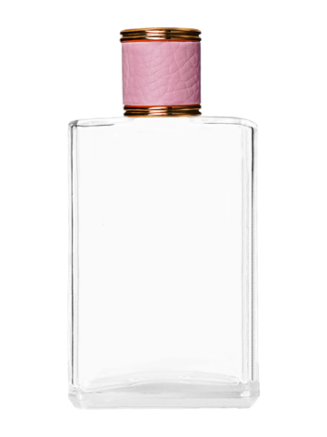 Elegant design 100 ml, 3 1/2oz  clear glass bottle  with reducer and pink faux leather cap.