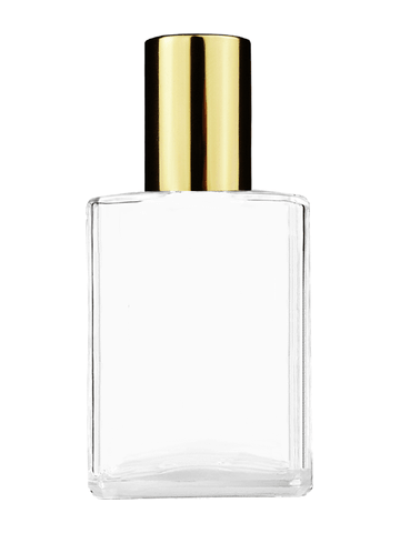 Elegant design 15ml, 1/2oz Clear glass bottle with plastic roller ball plug and shiny gold cap.