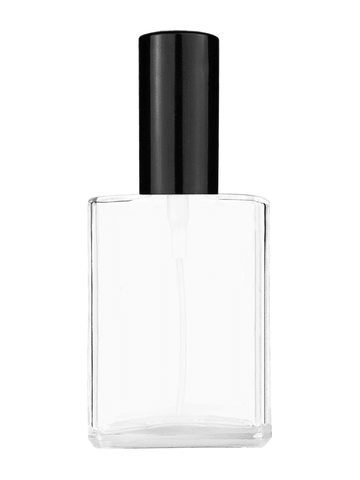 Elegant design 30 ml, clear glass bottle with sprayer and black cap.