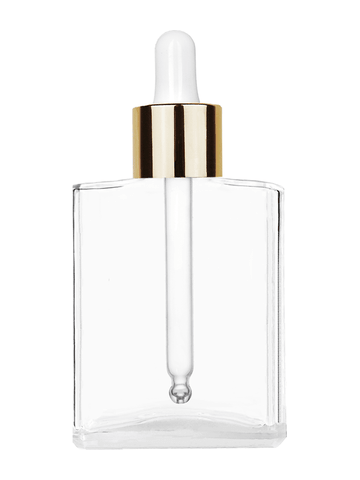 Elegant design 60 ml, 2oz  clear glass bottle  with white dropper with shiny gold collar cap.