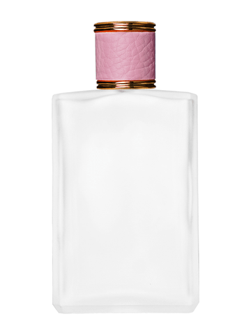 Elegant design 100 ml, 3 1/2oz frosted glass bottle with reducer and pink faux leather cap.