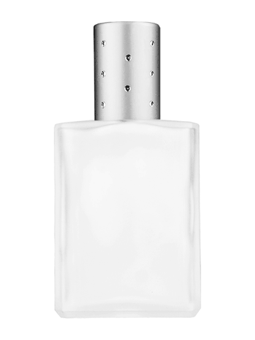 Elegant design 15ml, 1/2oz frosted glass bottle with metal roller ball plug and silver cap with dots.
