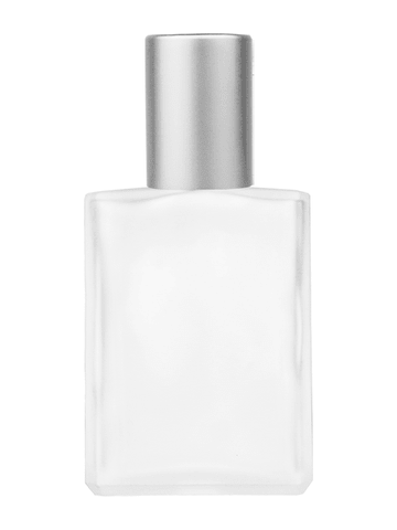 Elegant design 15ml, 1/2oz frosted glass bottle with metal roller ball plug and matte silver cap.