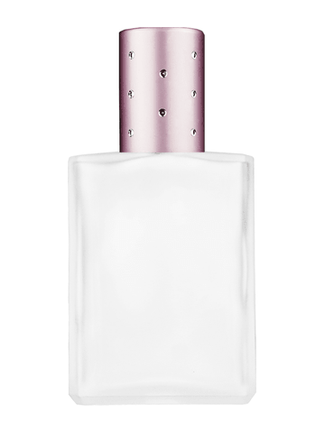 Elegant design 15ml, 1/2oz frosted glass bottle with plastic roller ball plug and pink cap with dots.