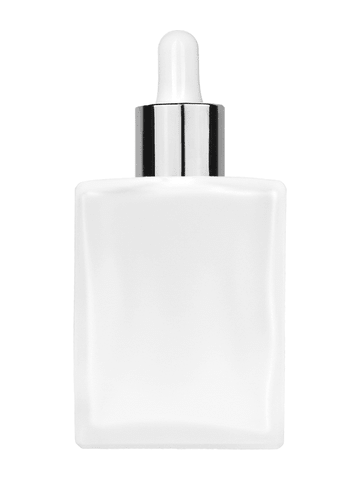 Elegant design 60 ml, 2oz frosted glass bottle with white dropper with shiny silver collar cap.