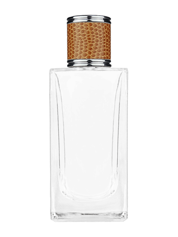 Empire design 100 ml, 3 1/2oz  clear glass bottle  with reducer and brown faux leather cap.