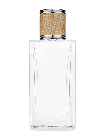 Empire design 100 ml, 3 1/2oz  clear glass bottle  with reducer and light brown faux leather cap.