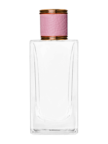 Empire design 100 ml, 3 1/2oz  clear glass bottle  with reducer and pink faux leather cap.
