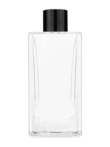 Empire design 100 ml, 3 1/2oz  clear glass bottle  with reducer and black shiny cap.
