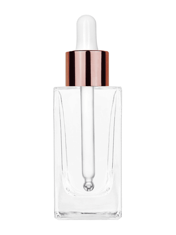 Empire design 50 ml, 1.7oz  clear glass bottle  with white dropper with shiny copper collar cap.