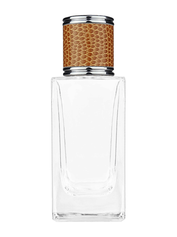 Empire design 50 ml, 1.7oz  clear glass bottle  with reducer and brown faux leather cap.