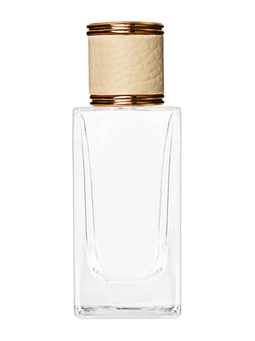 Empire design 50 ml, 1.7oz  clear glass bottle  with reducer and ivory faux leather cap.