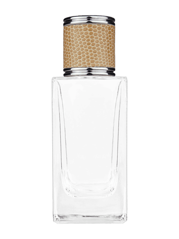 Empire design 50 ml, 1.7oz  clear glass bottle  with reducer and light brown faux leather cap.