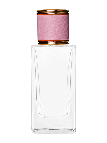 Empire design 50 ml, 1.7oz  clear glass bottle  with reducer and pink faux leather cap.