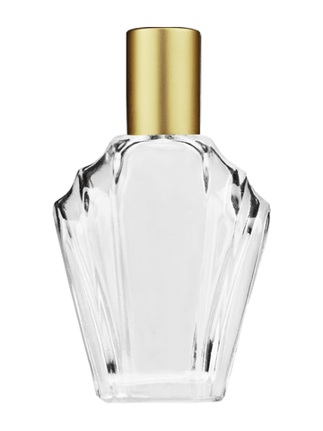 Flair design 13ml Clear glass bottle with plastic roller ball plug and matte gold cap.