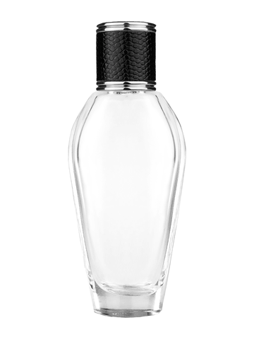 Grace design 55 ml, 1.85oz  clear glass bottle  with reducer and black faux leather cap.