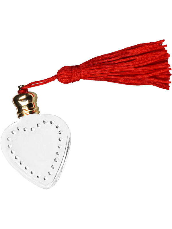 Heart design 4 ml, Clear glass bottle with red tassel.